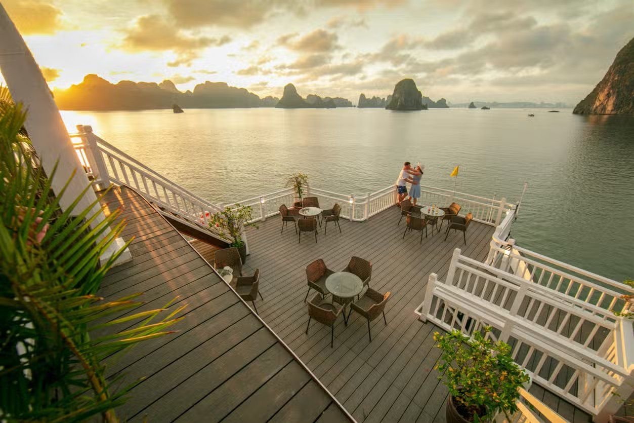Cruise sundeck at sunrise in Ha Long Bay