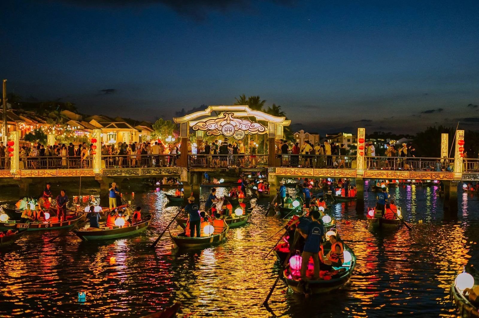 Lantern boats on the Thu Bon River in Hoi An at night